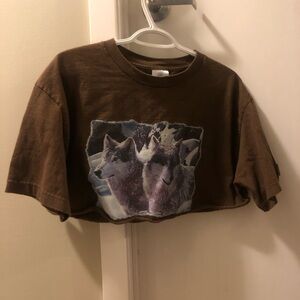 Brown Wolf Graphic Cropped T-Shirt